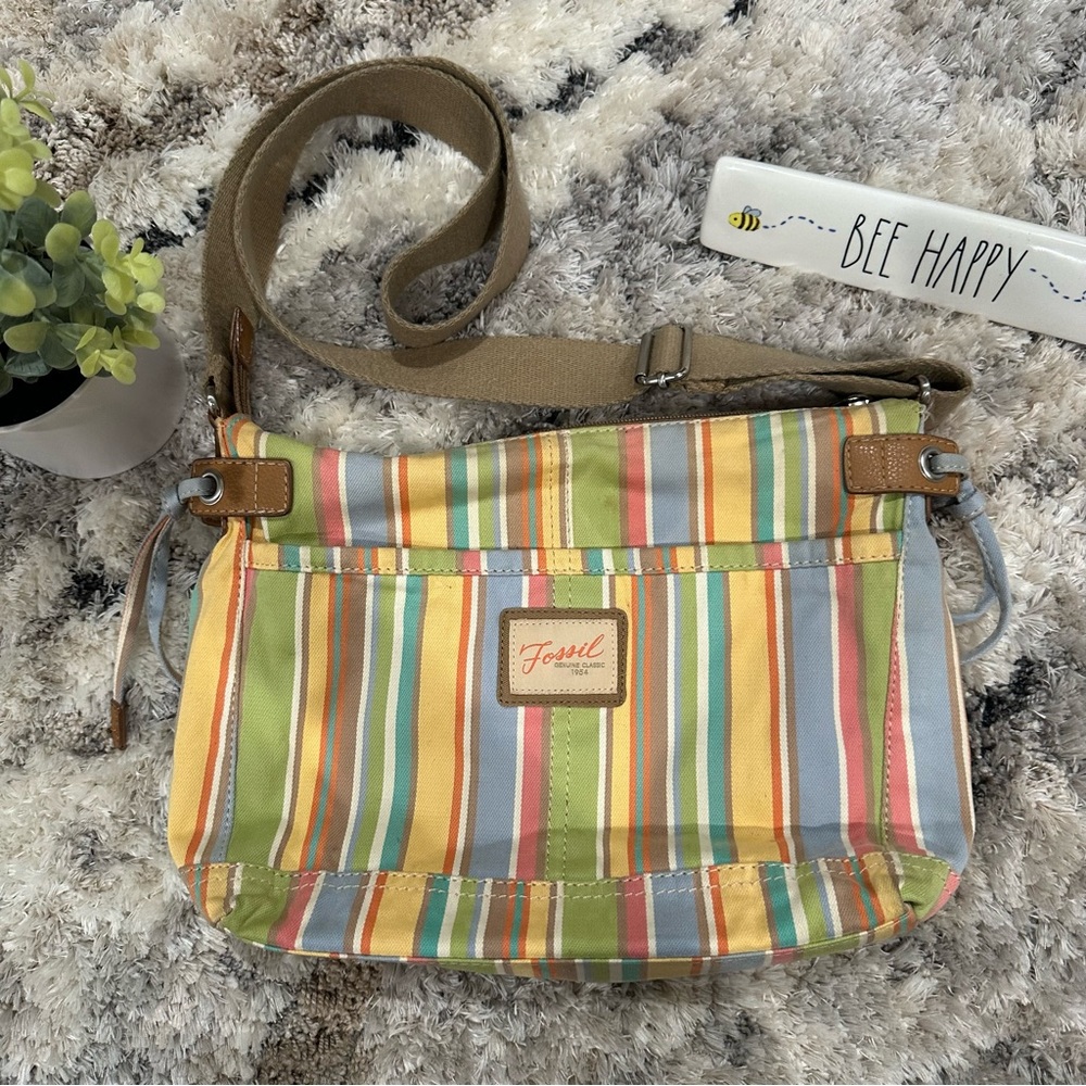 Fossil Vintage Pastel Multi Color Stripe Canvas Crossbody Bag